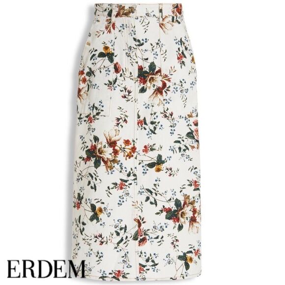 Erdem Artie Cotton-Blend Midi Skirt with Pockets in White/Multi Floral - Picture 3 of 13